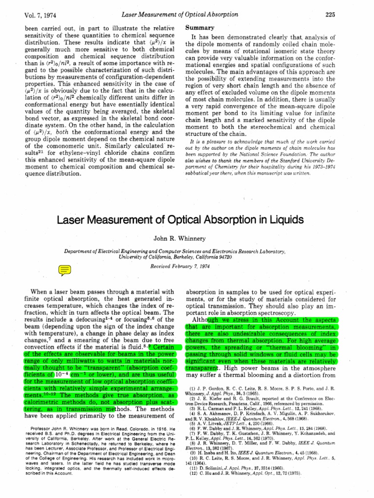 Laser Measurement of Optical Absorption in Liquids PDF Absorption