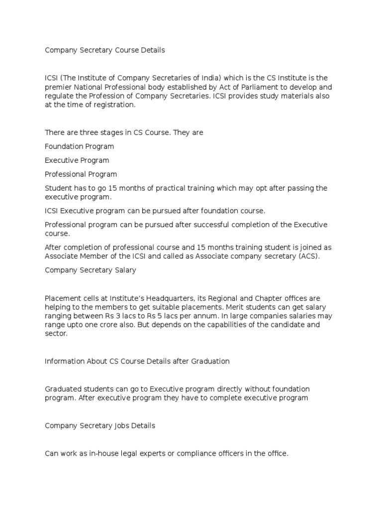 Company Secretary Course Details | PDF | Audit | University And College ...