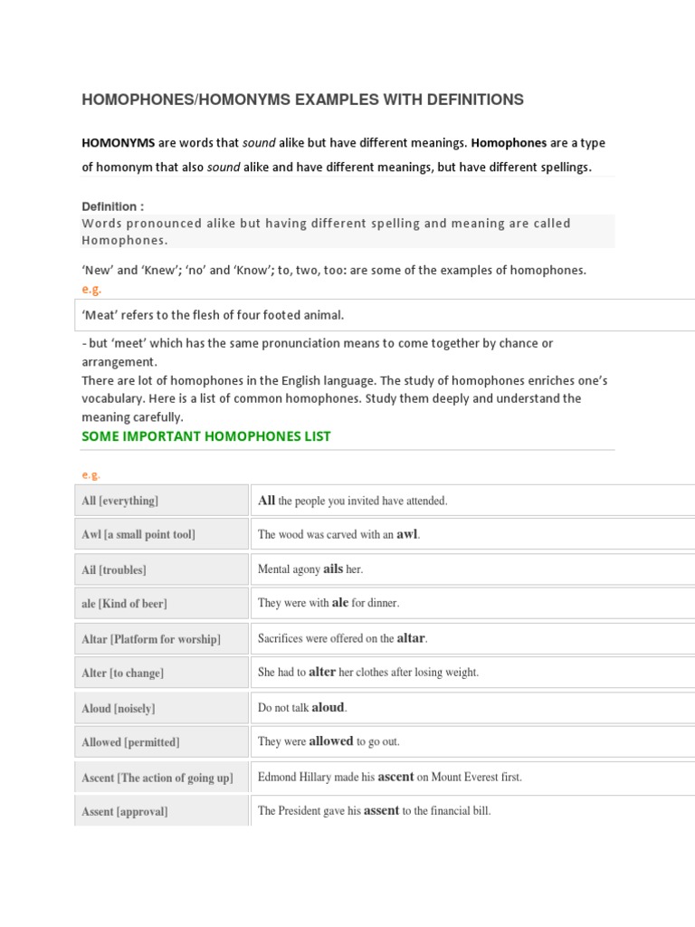 Homophones: Definitions and Examples | PDF | Cheque | Languages