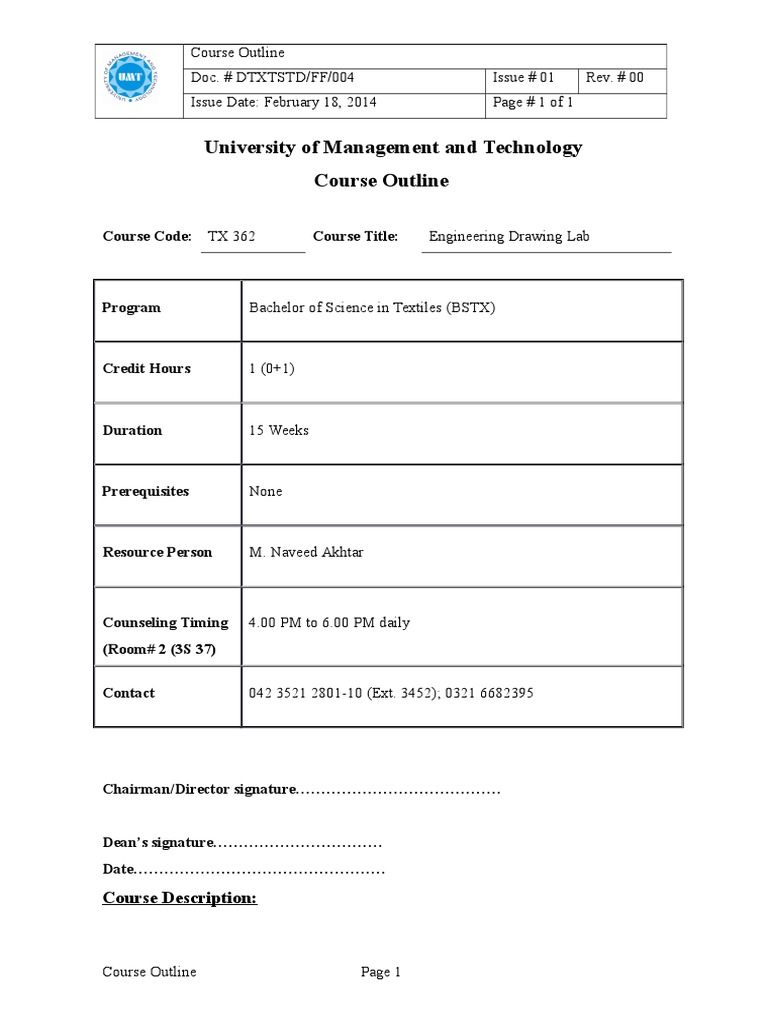 University of Management and Technology Course Outline: Course Code: TX ...