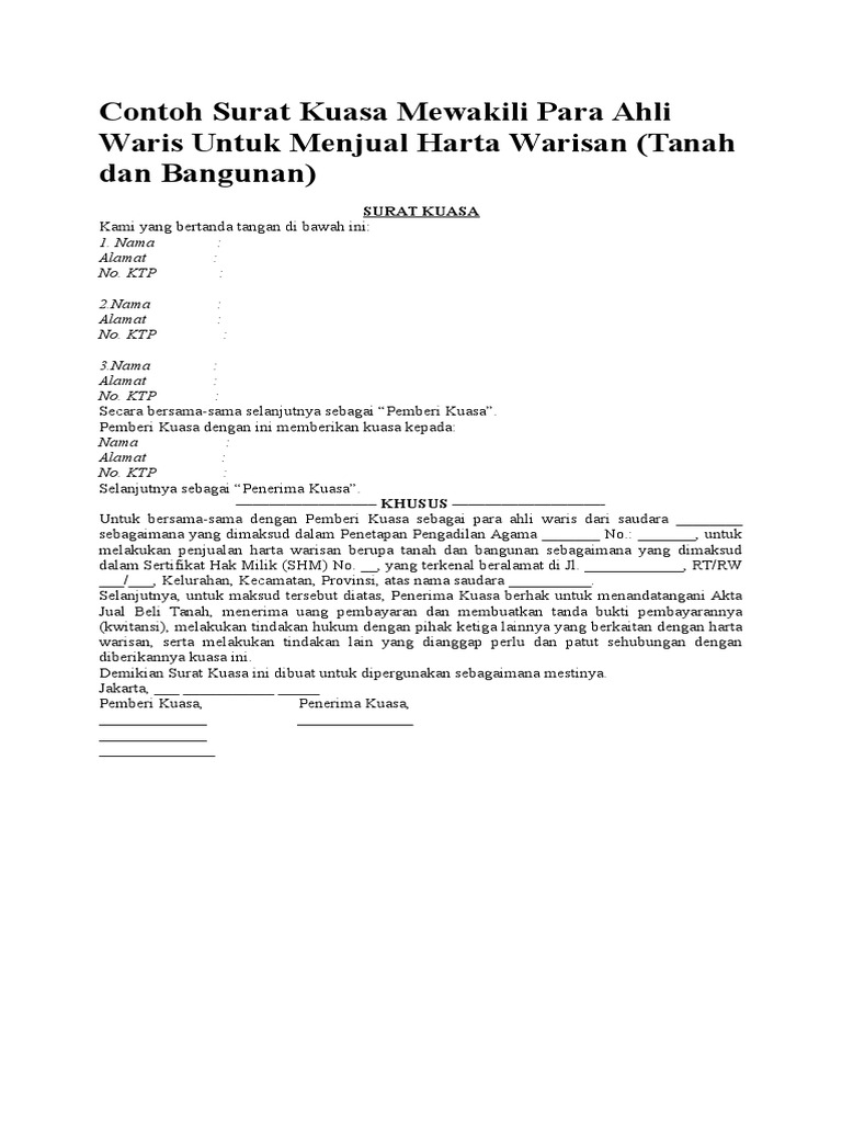 Contoh Surat Kuasa Mewakili Para Ahli Waris Untuk Menjual Harta Warisan Pdf