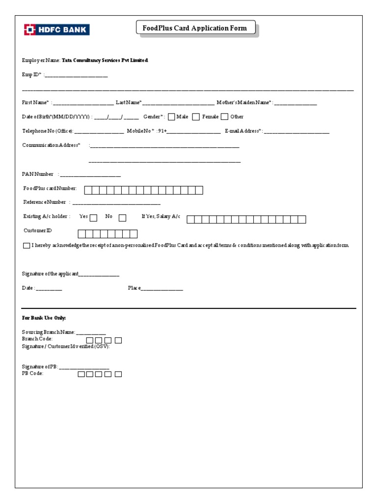 Food Card Application Form HDFC Bank PDF Debit Card Automated