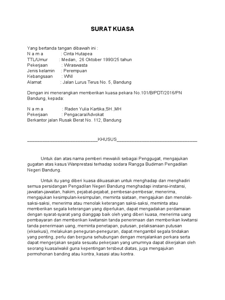 Becoming Phill Contoh Surat Kuasa Khusus Tentang Wanprestasi