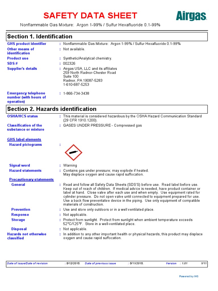 Msds Sulfur Hexafluoride Airgas Dangerous Goods Toxicity