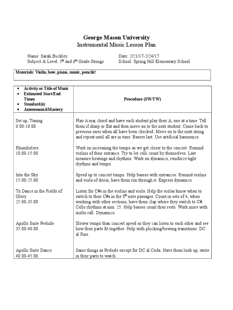 Instrumental Music Lesson Plan Mason University PDF