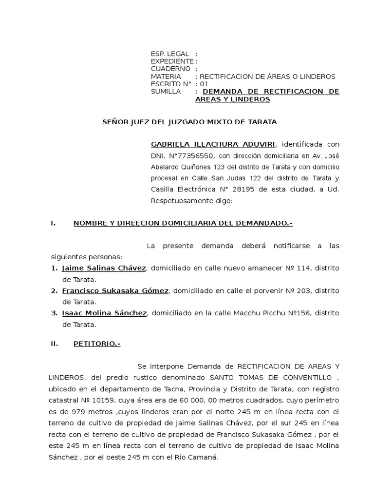 Demanda de Rectificacion de Areas o Linderos | Demanda judicial ...