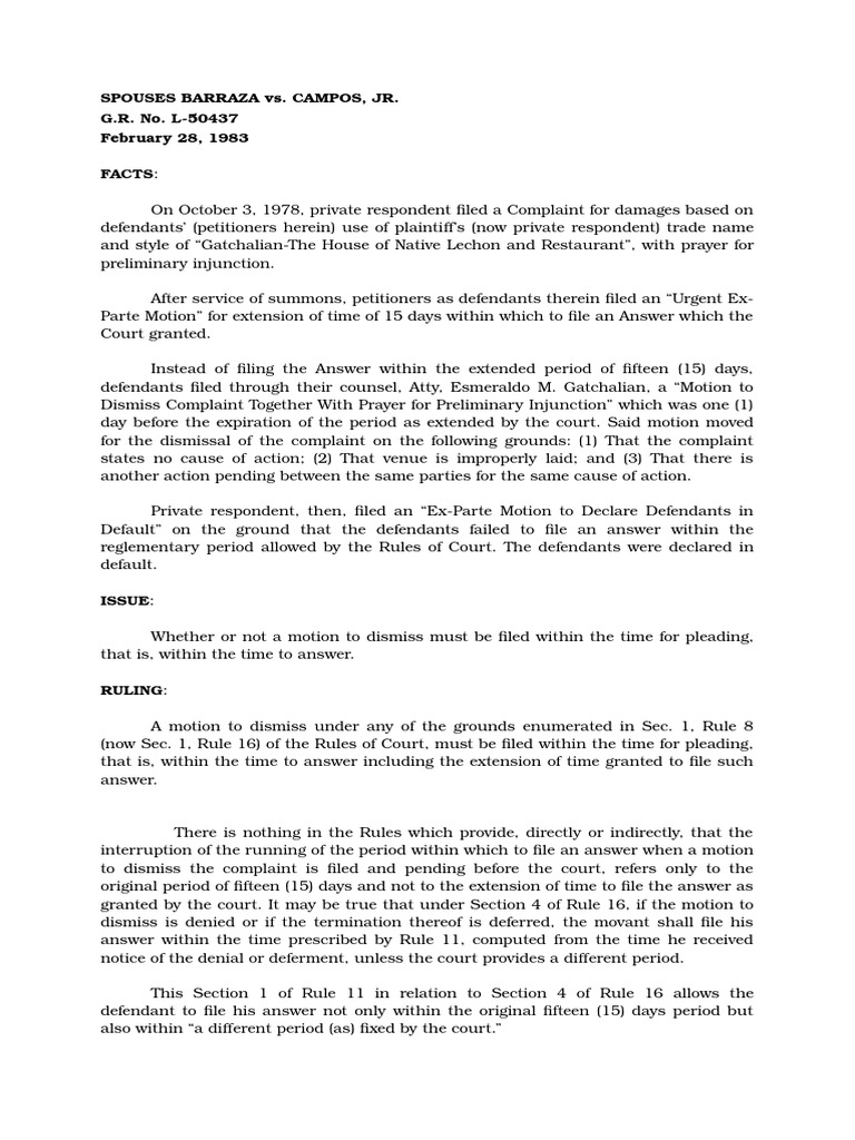 Failure to File Motion to Dismiss Within Extended Period to Answer