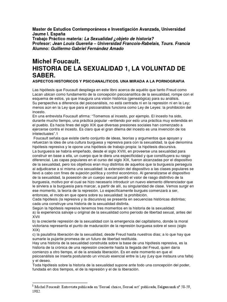 Trabajo Práctico Guereña HISTORIA DE LA SEXUALIDAD Michel Foucault PSICOANALISIS Y