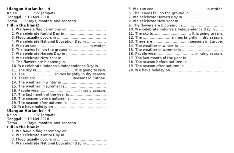 Latihan Soal Kelas 4 Days Months Amp Seasons Sky Climatology