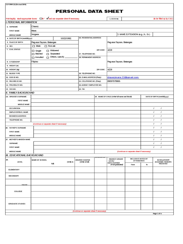 Personal Data Sheet CS Form 212 | PDF | Government | Social Institutions