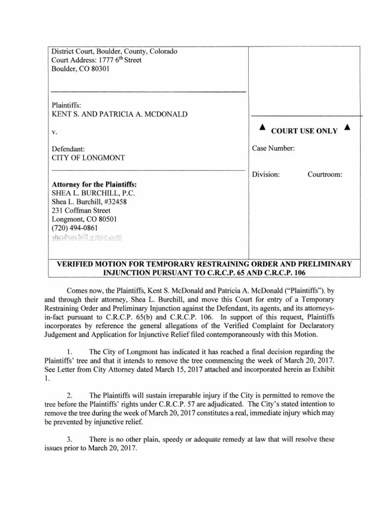 Motion for Injunction Against Tree Removal | PDF | Injunction | Complaint