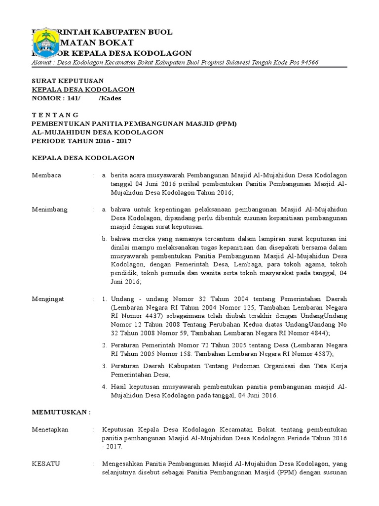 Contoh SK Panitia Pembangunan Masjid Word MPFdocuments