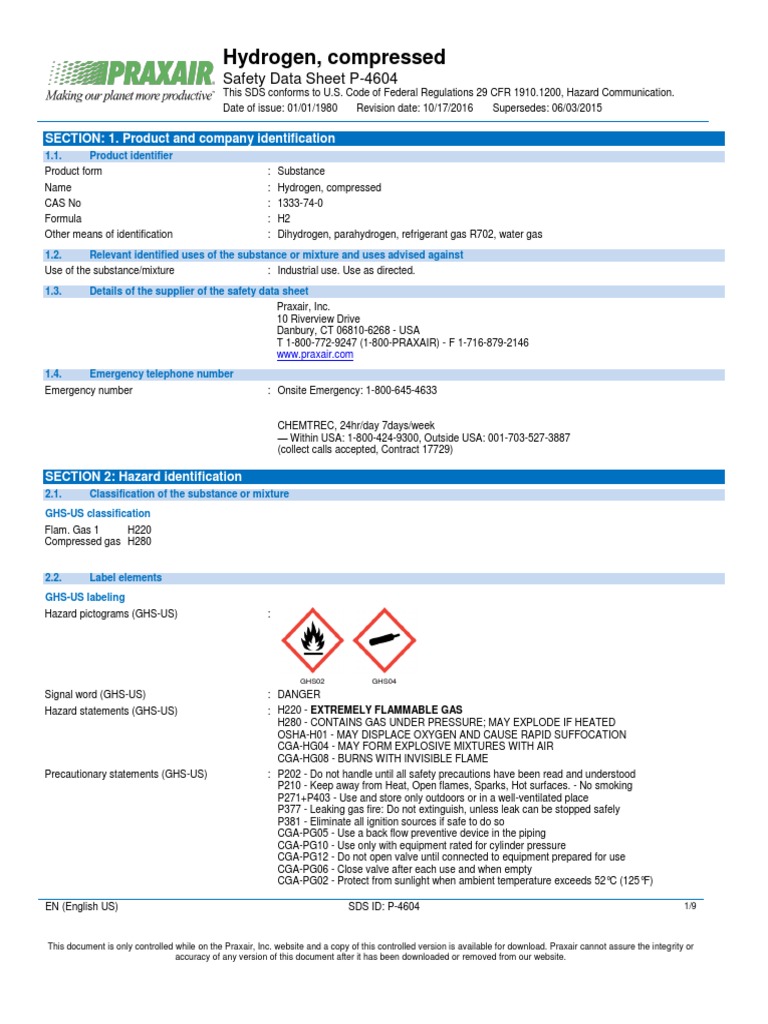 Compressed Hydrogen Safety Data Sheet | PDF