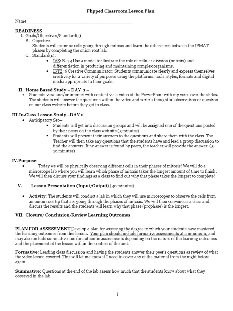 Flipped Classroom Mitosis Lesson Plan | PDF | Educational Assessment ...