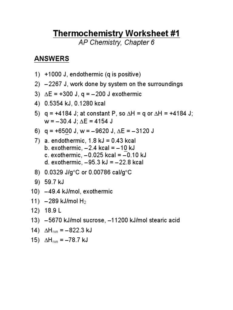 Thermochemistry Worksheet 1 Answers PDF Science & Mathematics Technology & Engineering