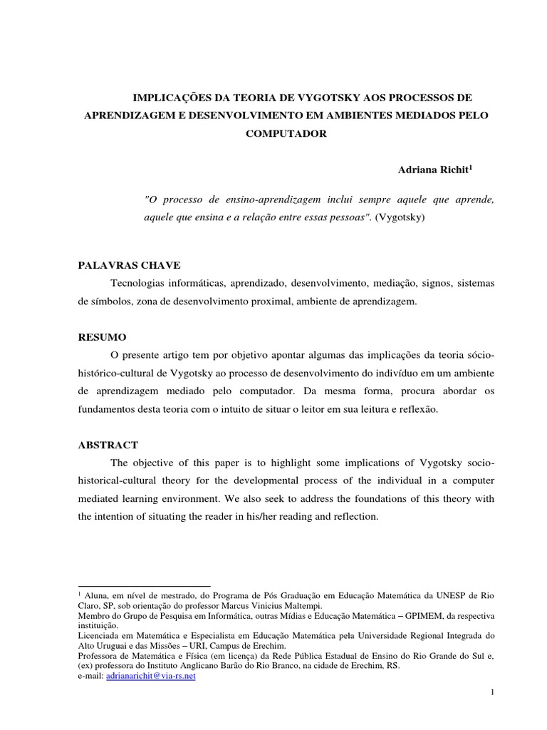 Implicações Da Teoria de Vygotsky Aos Processos de Aprendizagem e ...