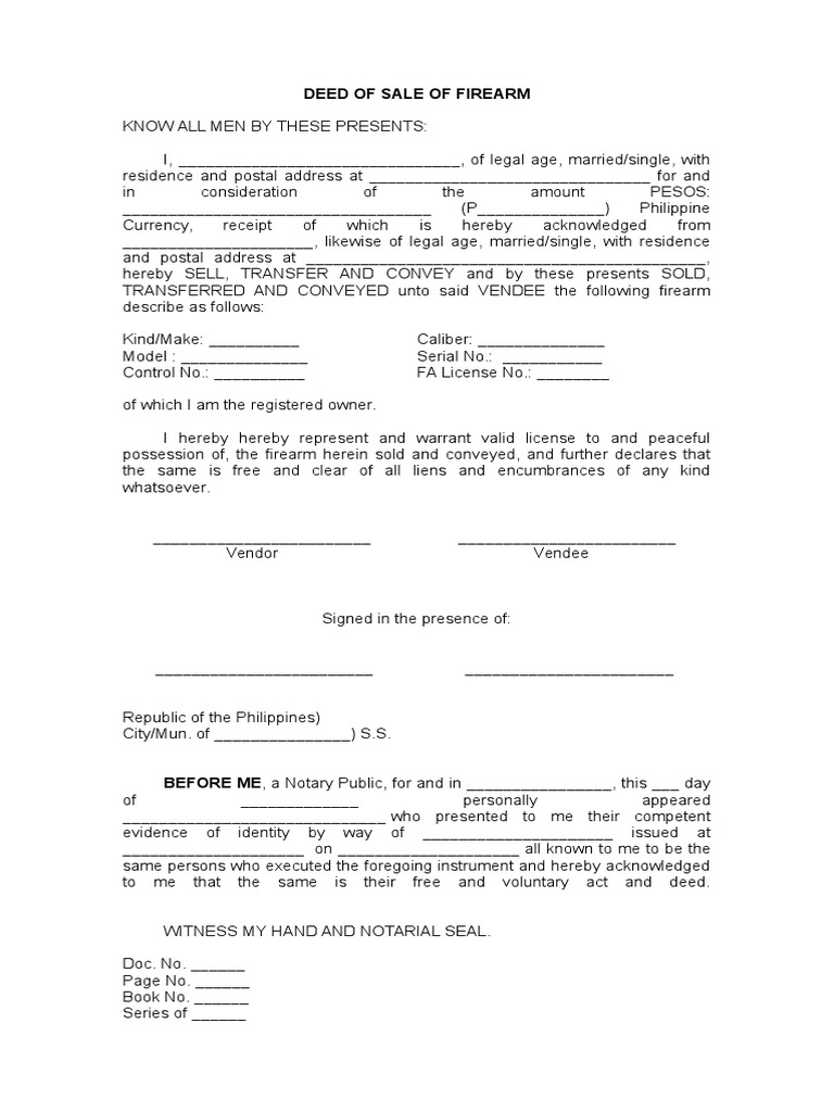 Deed of Sale Firearm Deed Natural Resources Law