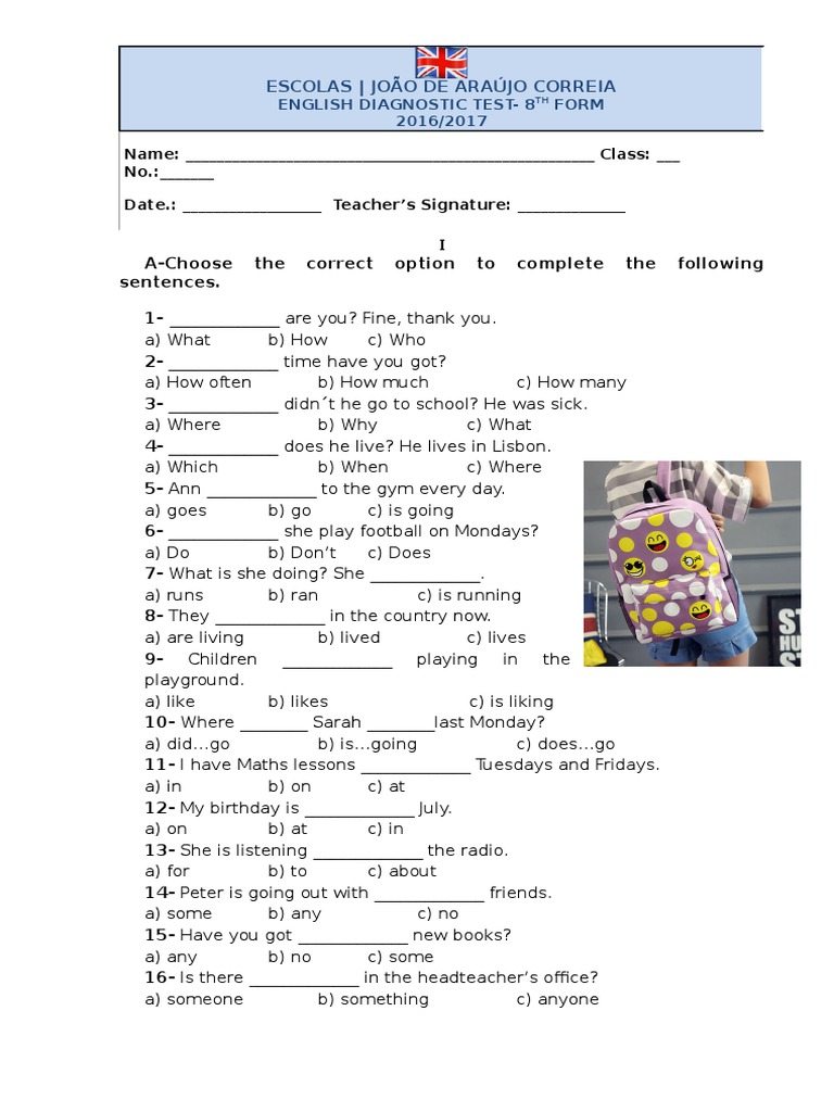 English Diagnostic Test for 8th Grade | PDF