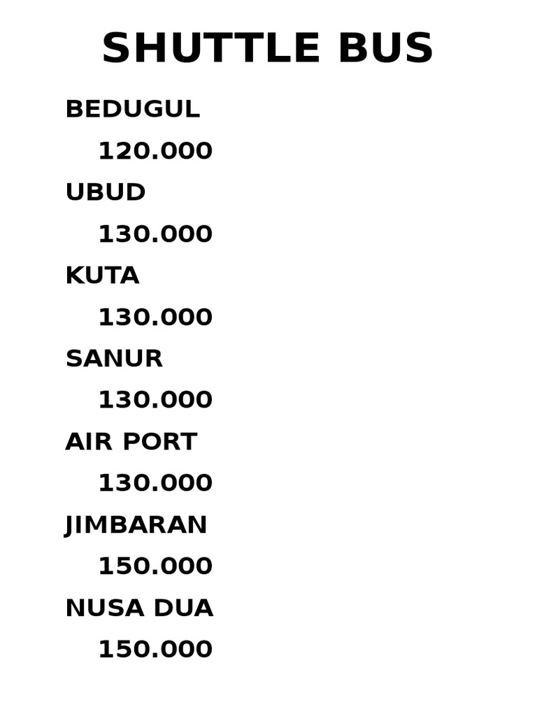 Shuttle Bus Fare Rates to Popular Destinations Around Bali, Indonesia PDF