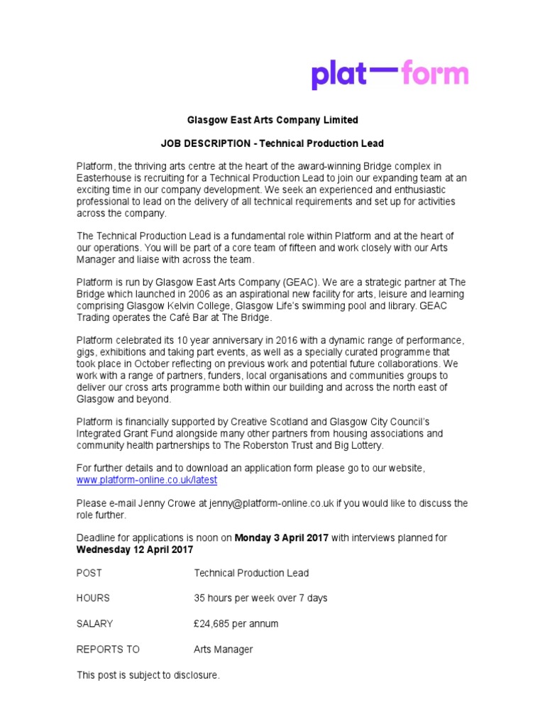 Platform Technical Production Lead Job Description Glasgow