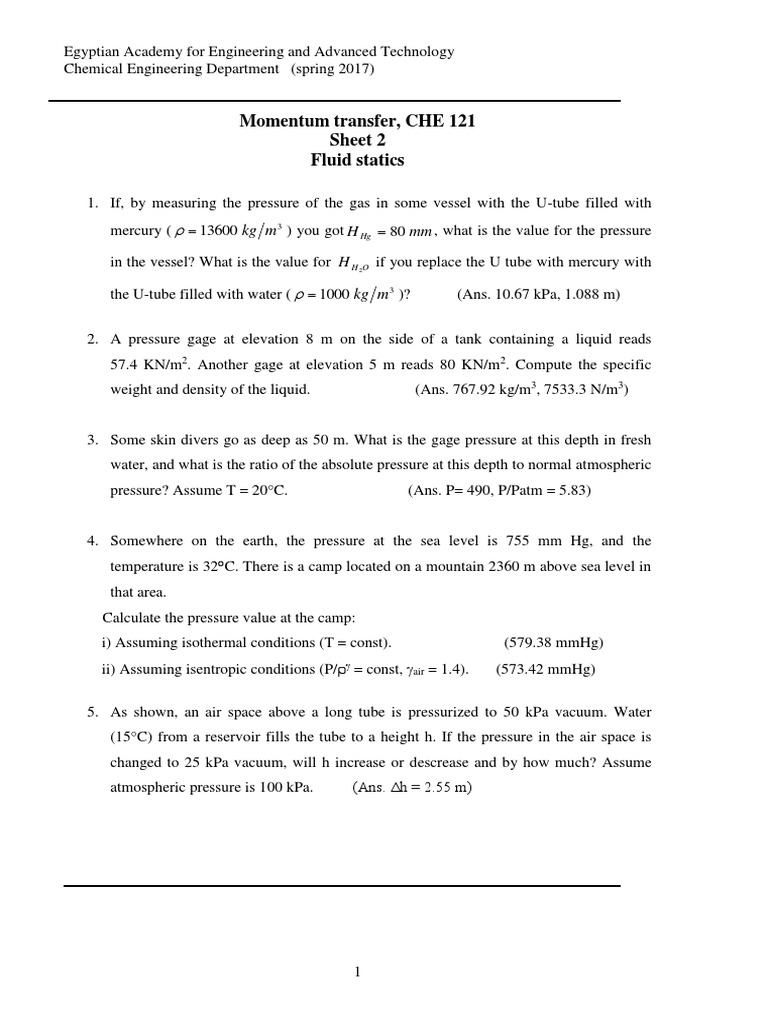 Sheet 2 | Pressure Measurement | Pressure