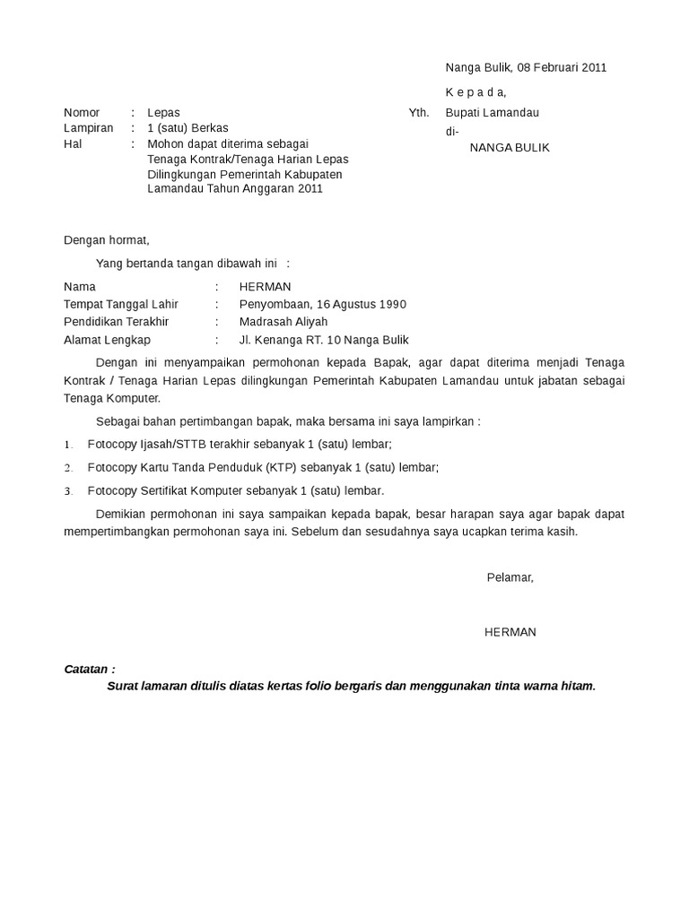 Contoh Surat Lamaran Tenaga Kontrak Pdf