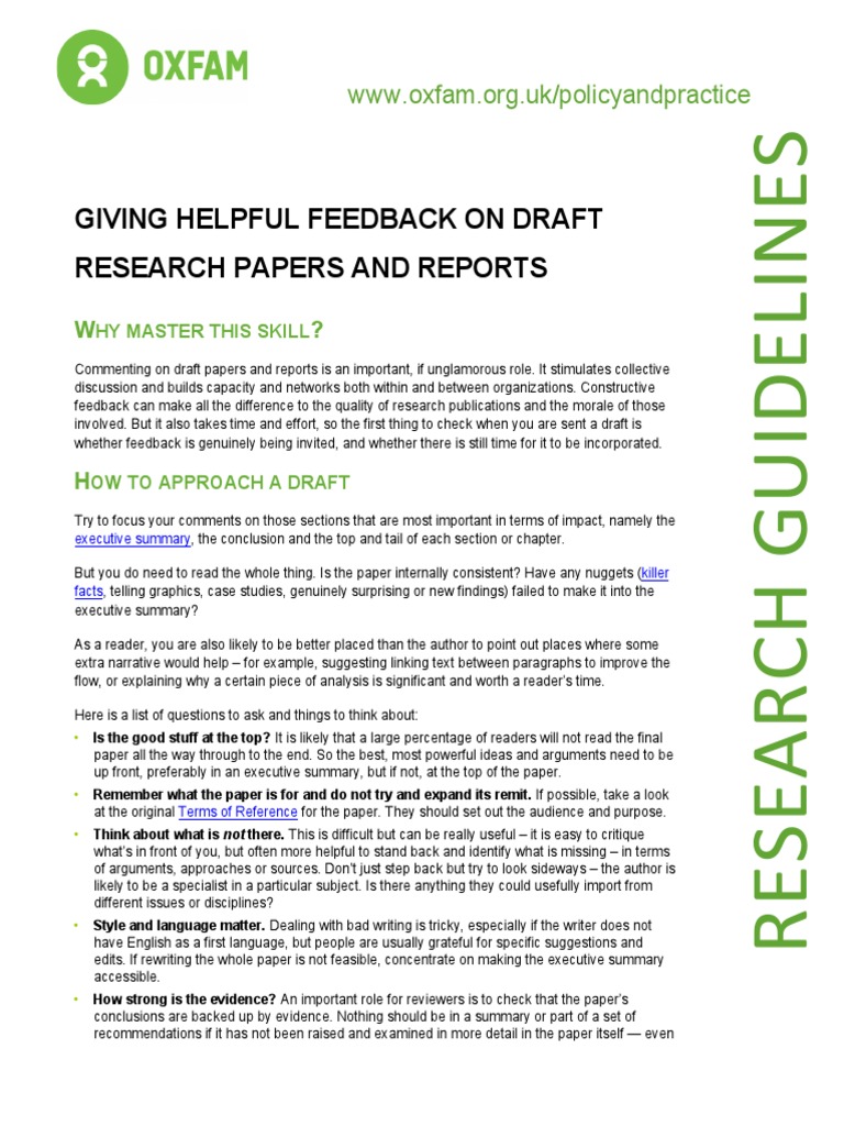 Giving Helpful Feedback On Draft Research Papers and Reports | PDF ...