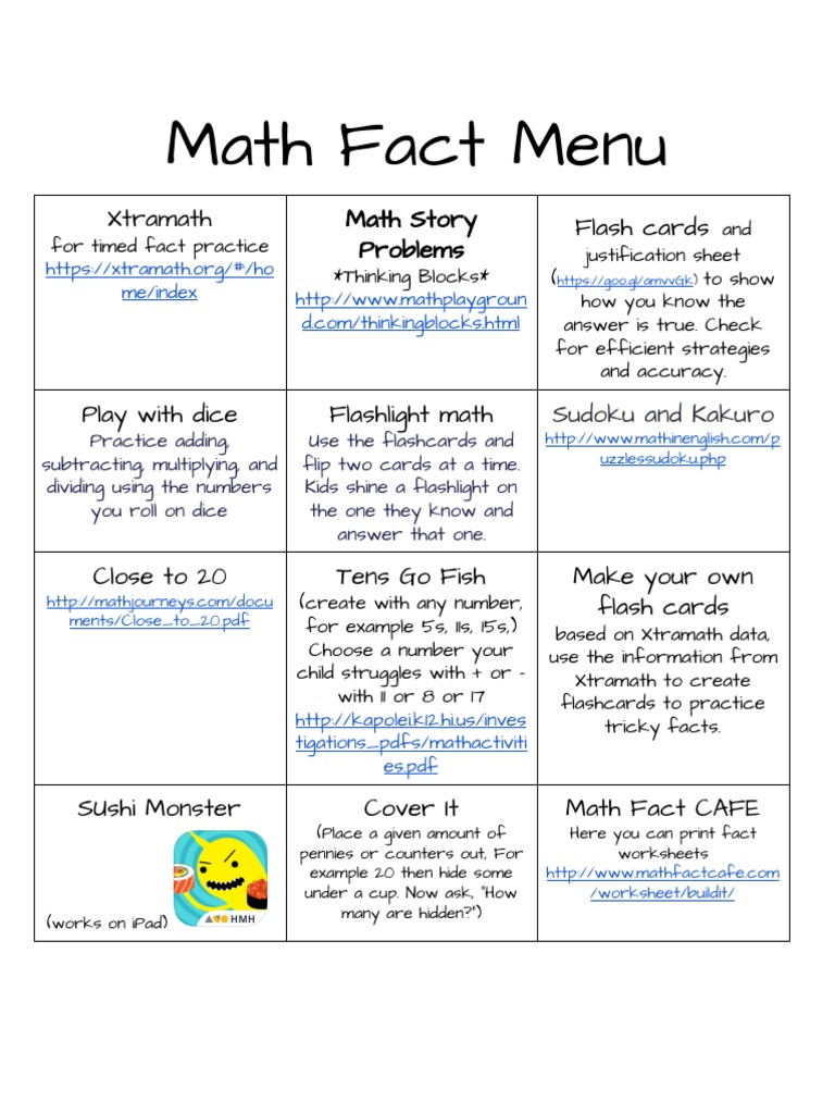 Math Fact Menu | PDF