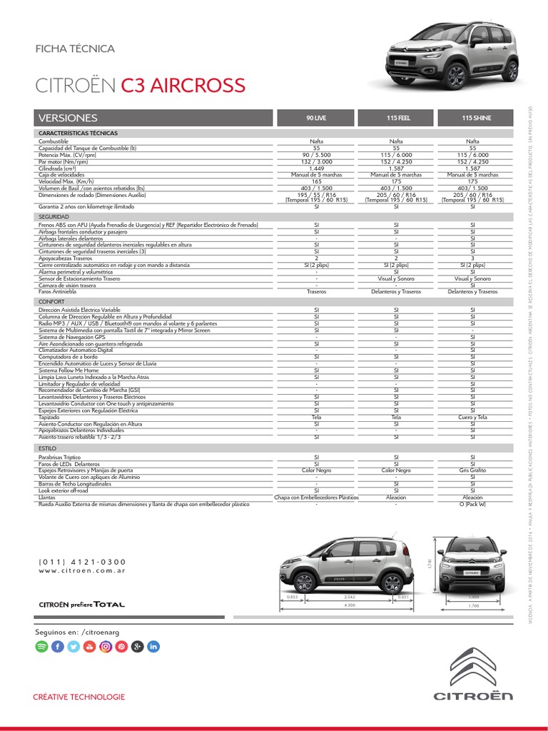 Ficha Técnica Citroën C3 Aircross Automóviles Fabricantes de vehículos eléctricos