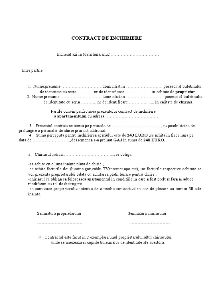 Contract de Inchiriere A Apartamentului | PDF
