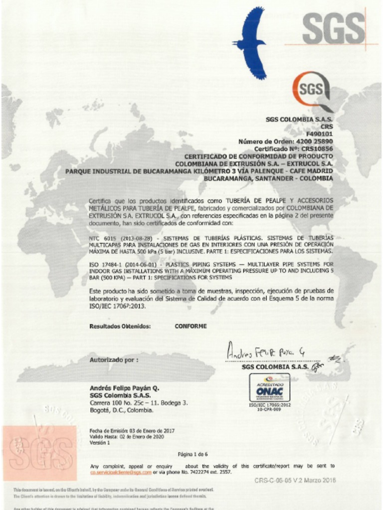 Certificado Iso 17484-1 NTC 6015 Pe Al Pe Acc | PDF