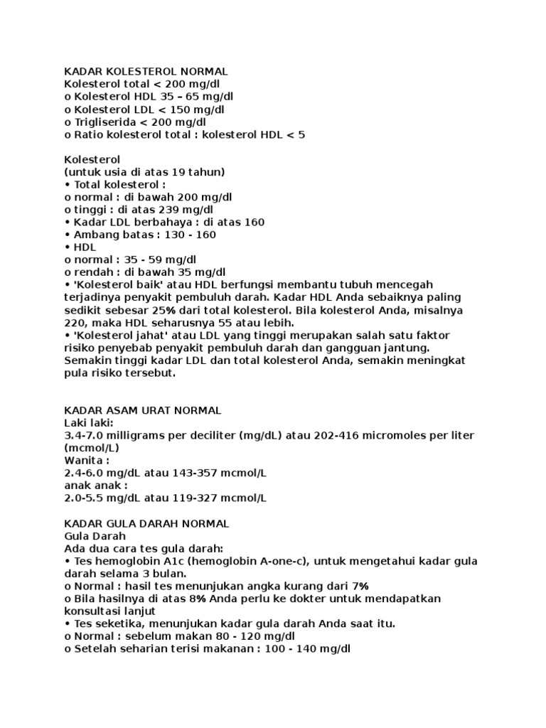 Kadar Kolesterol Normal | PDF