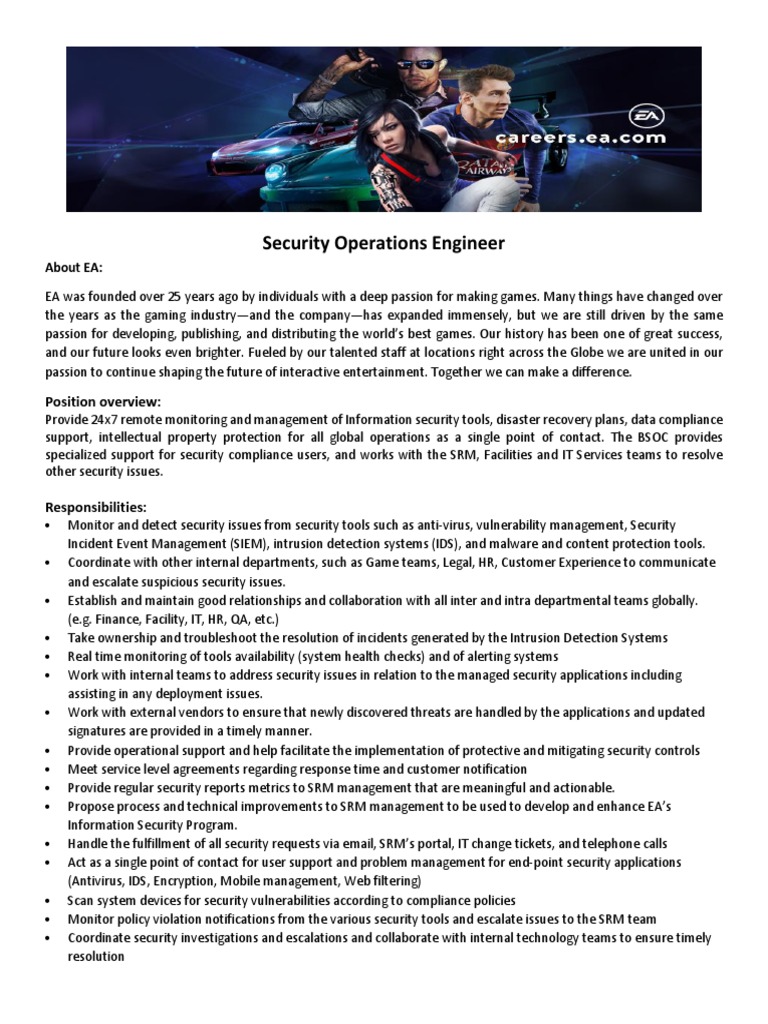 Security Operations Engineer Role at EA | PDF | Computer Security ...