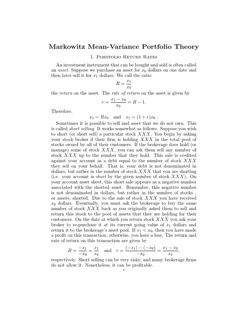 Markowitz MV PDF | PDF | Beta (Finance) | Modern Portfolio Theory