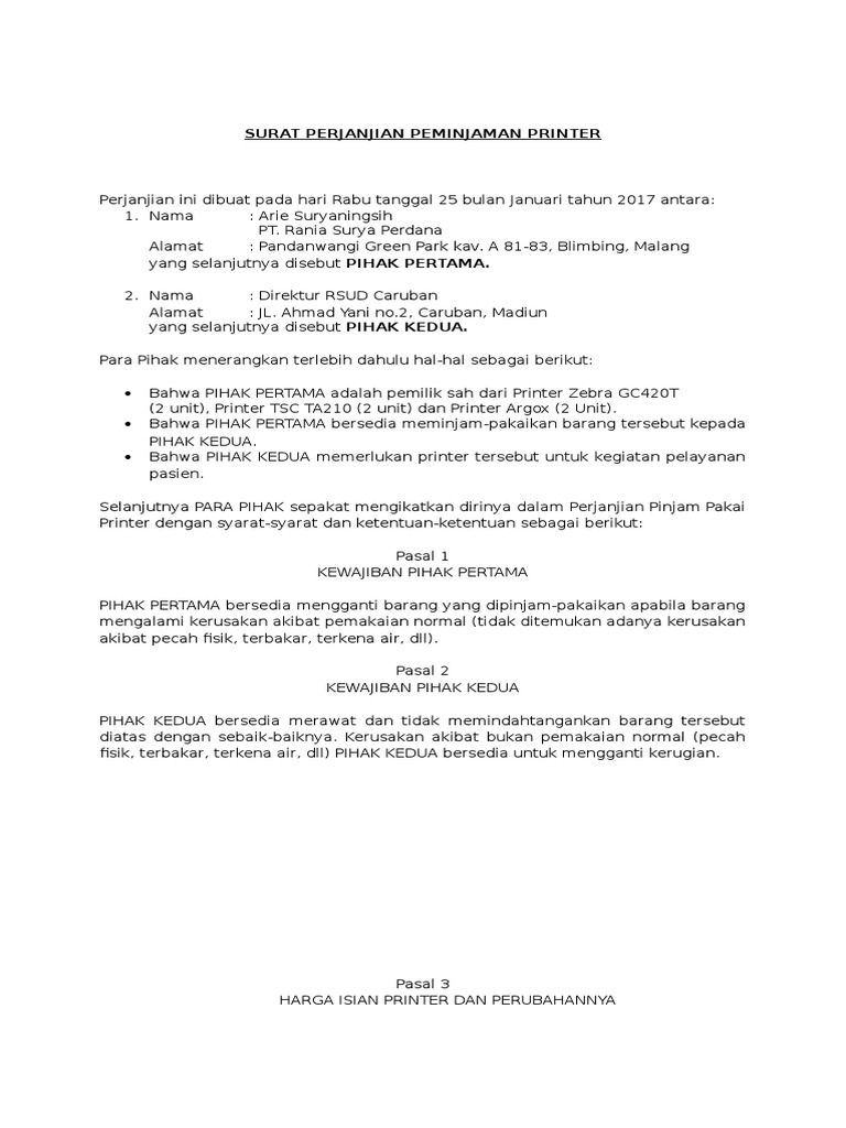 Surat Perjanjian Peminjaman Printer Rsud Caruban 2017