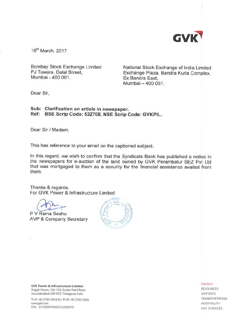 Gvk Power Infrastructure Ltd Reply To Clarification Sought By