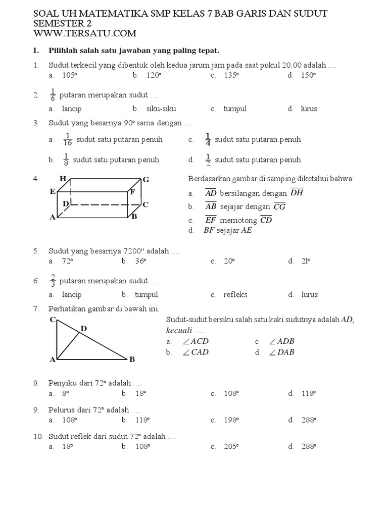 Soal Uh Matematika Smp Kelas 7 Bab Garis Dan Sudut Semester 2 Pdf