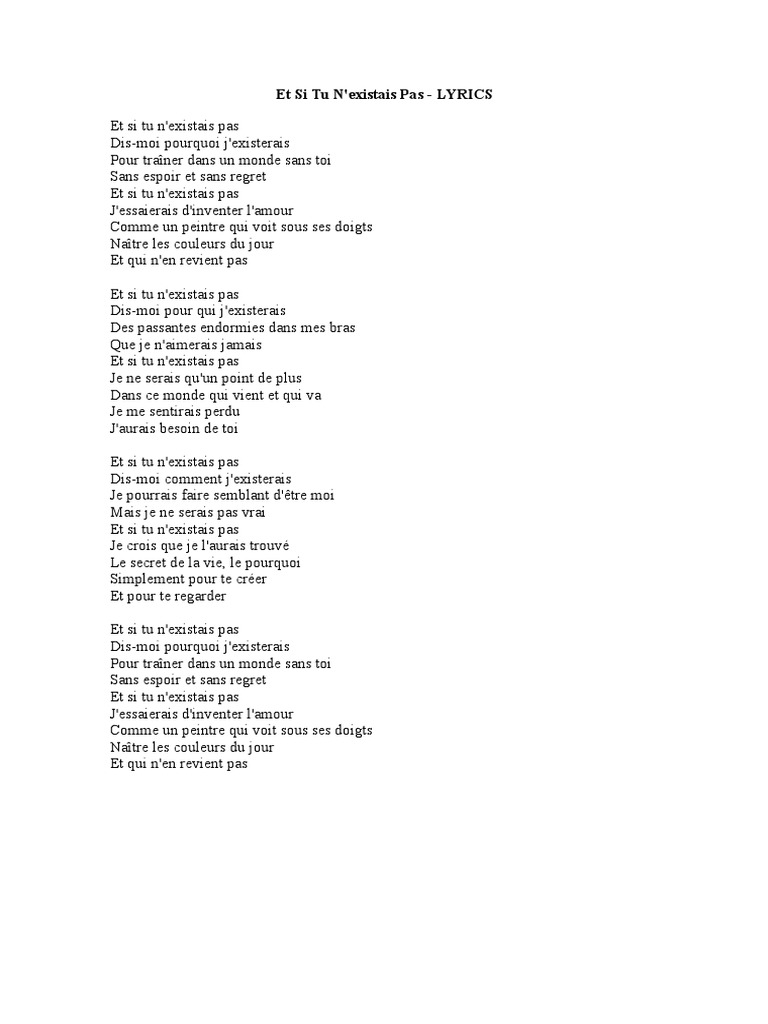 Et Si Tu N�Existais Pas LYRICS