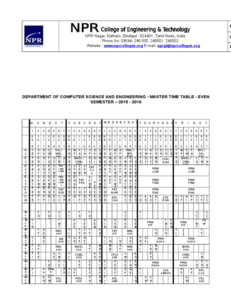 Master Timetable Model Cse1 | PDF
