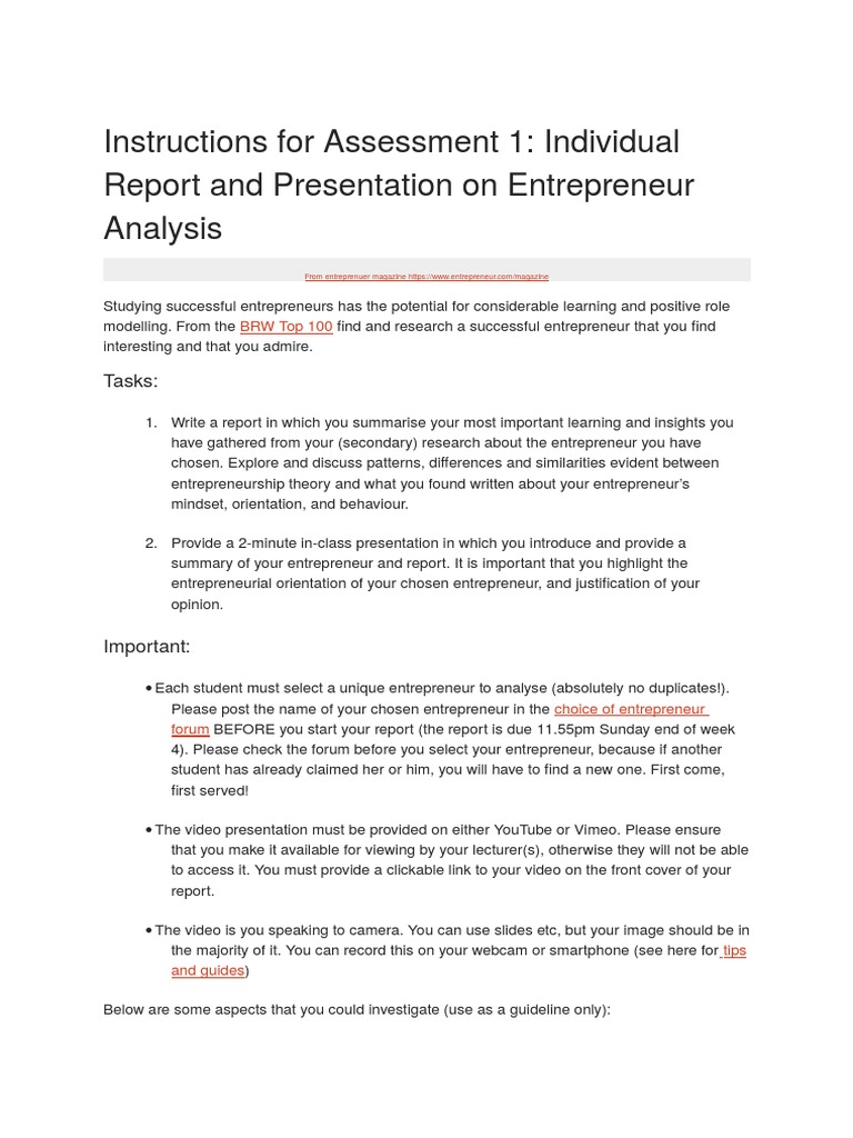 Entrepreneur Analysis Report Guidelines | PDF | Hyperlink ...