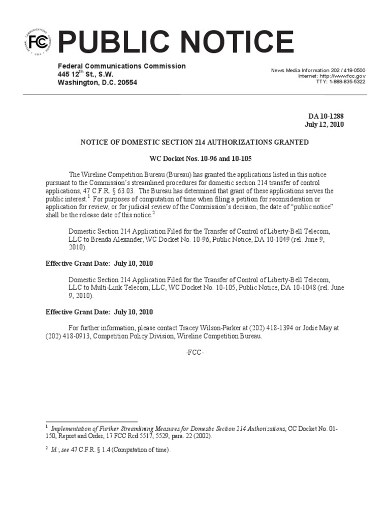 FCC Grants Domestic Section 214 Authorizations | PDF | Law