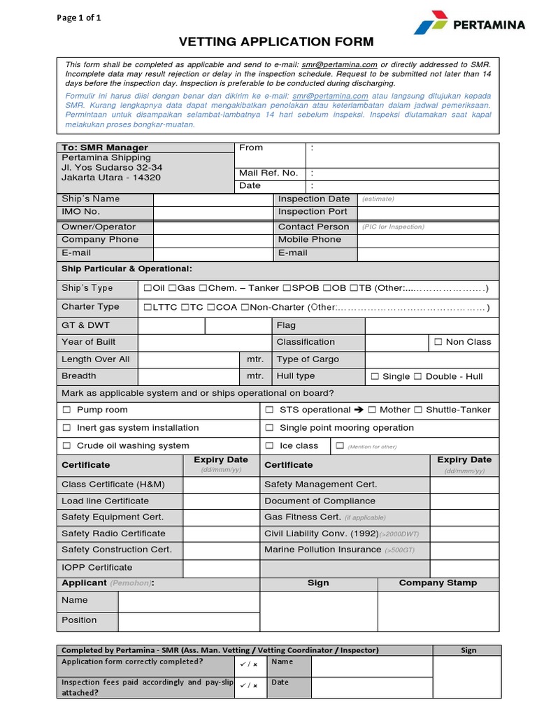 Pertamina Vetting Application Form | Oil Tanker | Ships