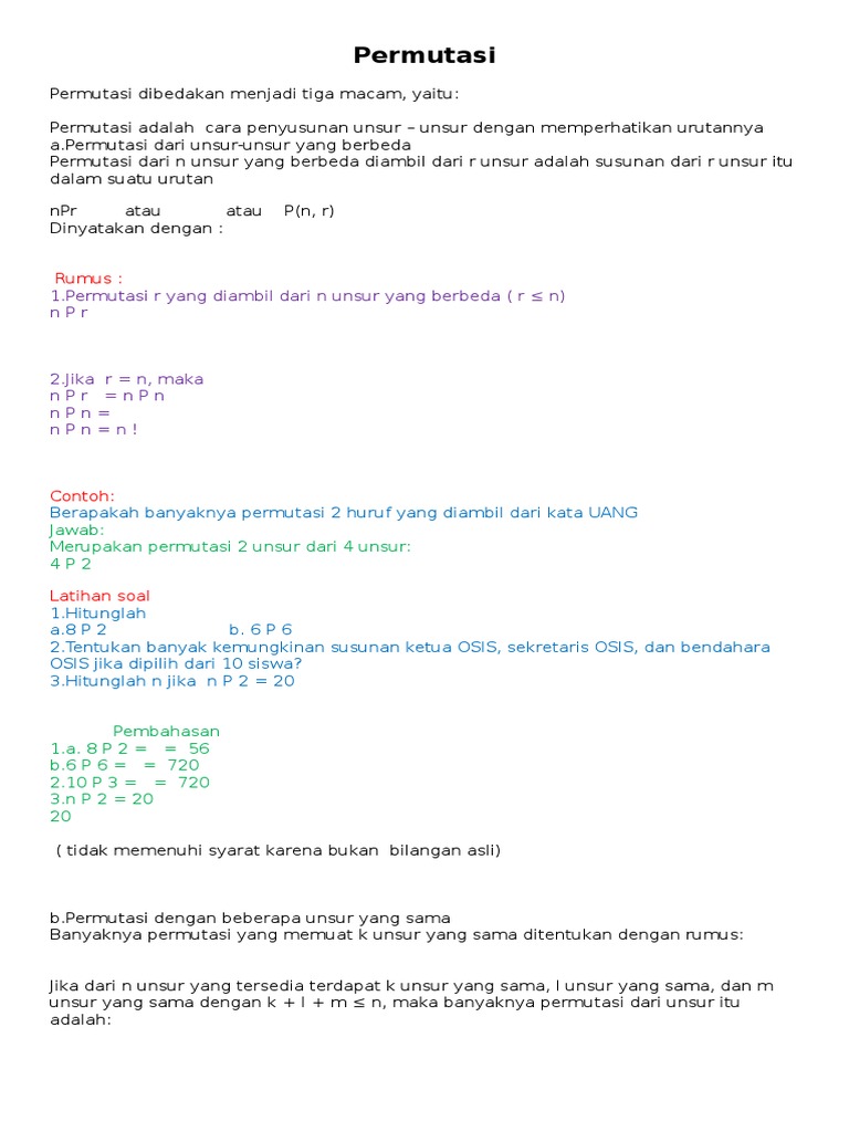 Kumpulan Contoh Soal: Contoh Soal Permutasi Yang Memuat Beberapa Unsur Sama