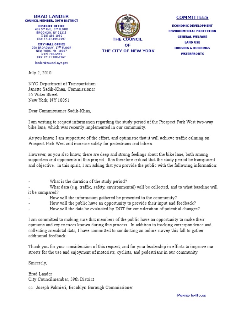 Prospect Park West Bike Lane Study Request | PDF | Politics