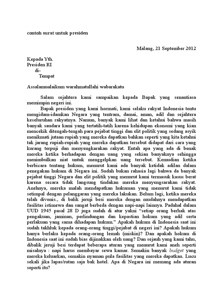 Contoh Surat Pendek Untuk Presiden
