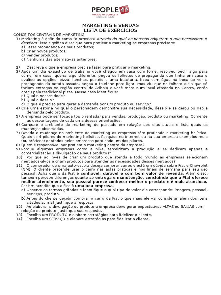 Exercícios sobre Marketing e Vendas | PDF | Produto (negócios) | Marketing