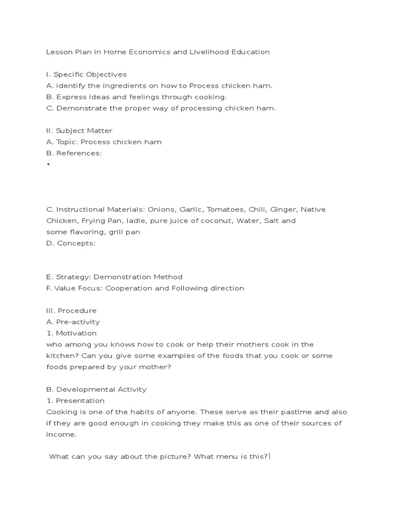 Lesson Plan in Home Economics and Livelihood | PDF | Frying Pan ...