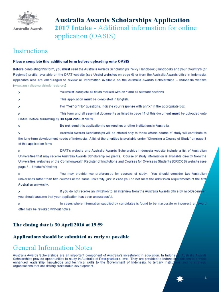 Additional OASIS Scholarships Form 2017 Intake PDF Doctor Of