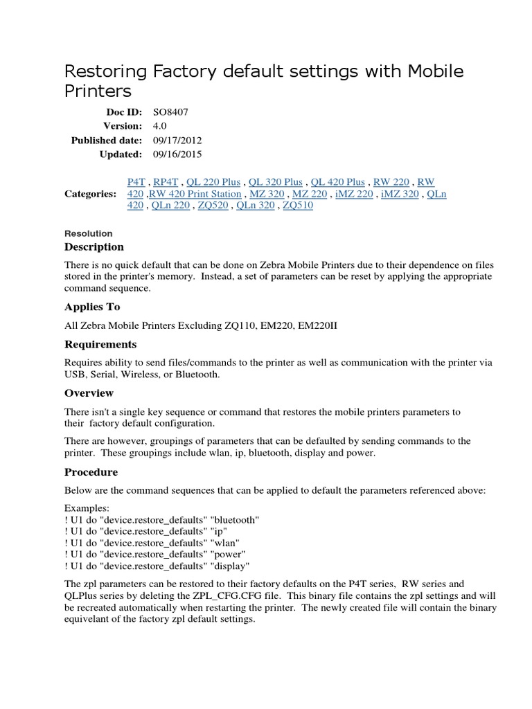 Zebra QLN420 Printer Factory Defaults PDF Printer