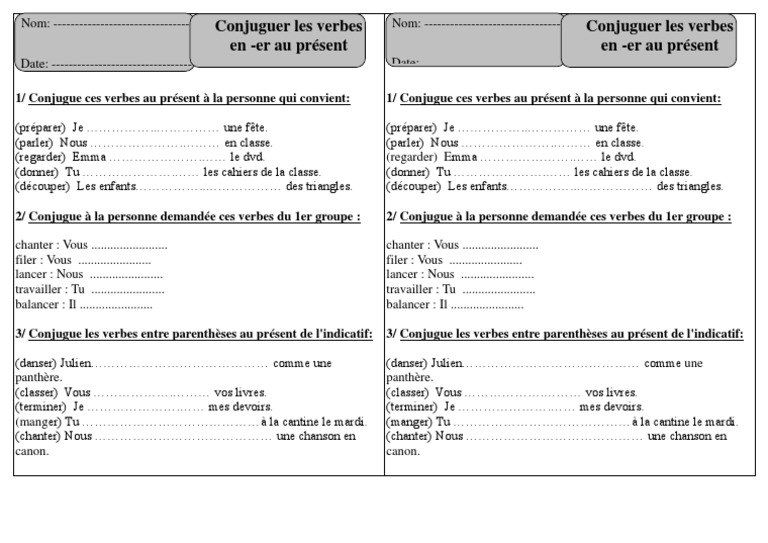 Exercices 1 Verbes en Er Présent - Ce1 - Conjugaison ...